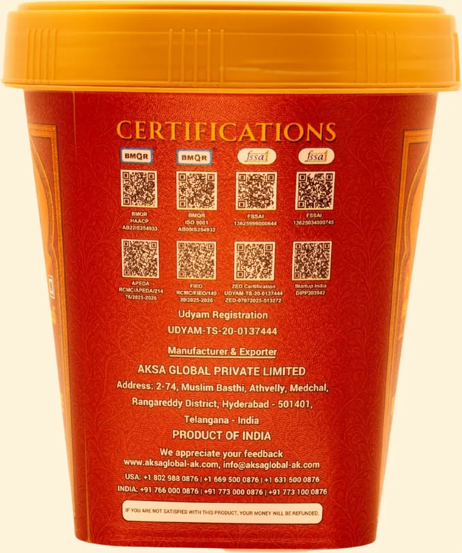 Side of the jar: certifications, QR codes and manufacturer details